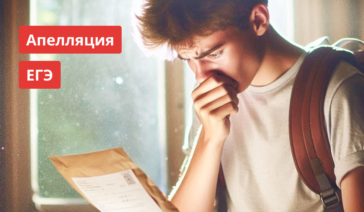 Выпускник с рюкзаком обеспокоенно смотрит на конверт с результатами ЕГЭ, слева крупная надпись «Апелляция ЕГЭ»