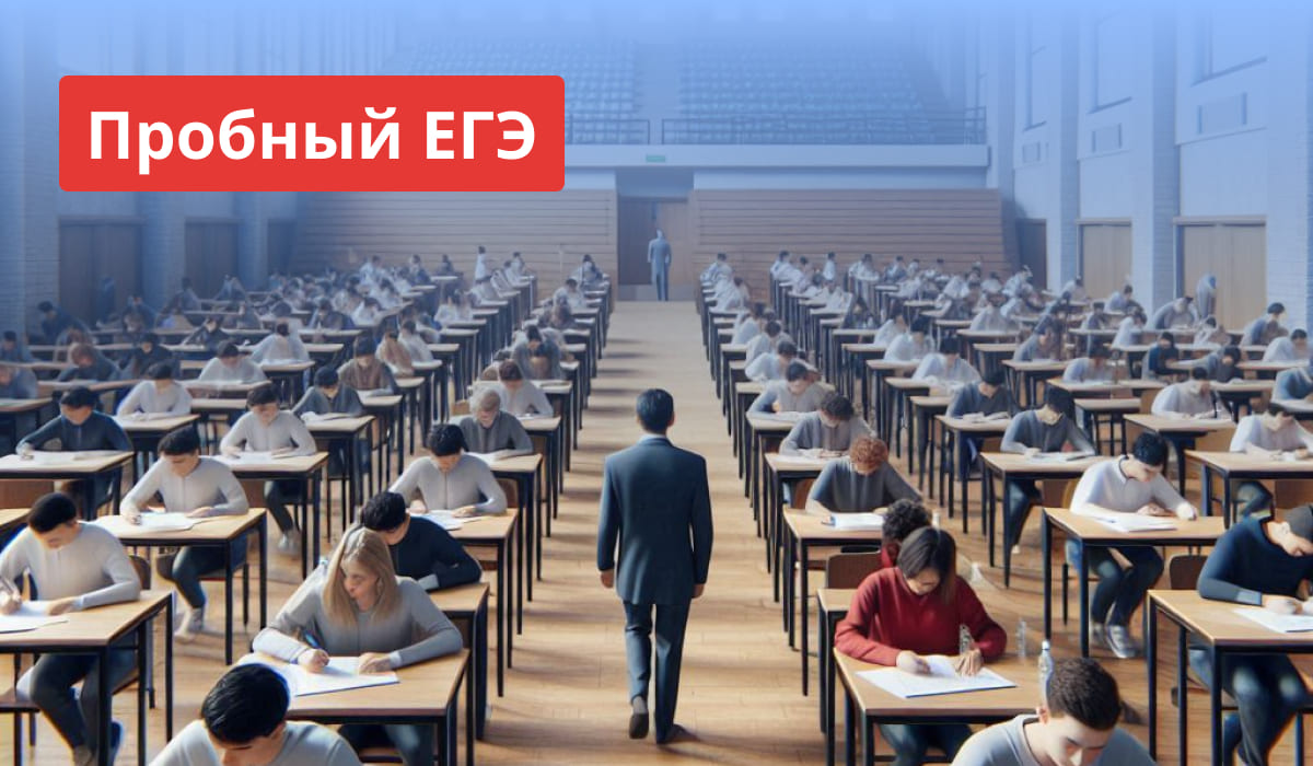 Старшеклассники пишут пробный ЕГЭ в большой аудитории, по рядам ходит преподаватель, сверху надпись «Пробный ЕГЭ»