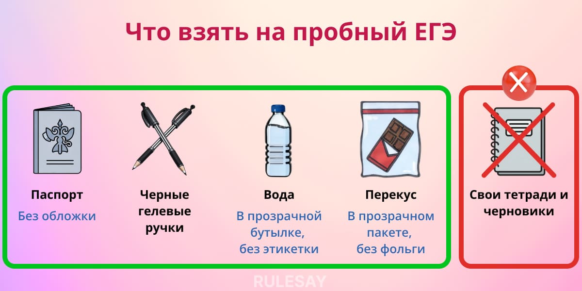 Список разрешённого на пробный ЕГЭ: паспорт без обложки, чёрные гелевые ручки, вода в прозрачной бутылке без этикетки, перекус в прозрачном пакете; запрет — свои тетради и черновики