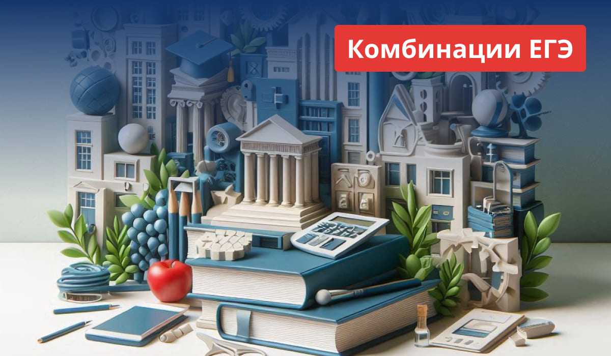 Иллюстрация на тему ЕГЭ: учебники, канцелярия и образовательные символы на фоне зданий вузов, вверху красная плашка с надписью «Комбинации ЕГЭ».