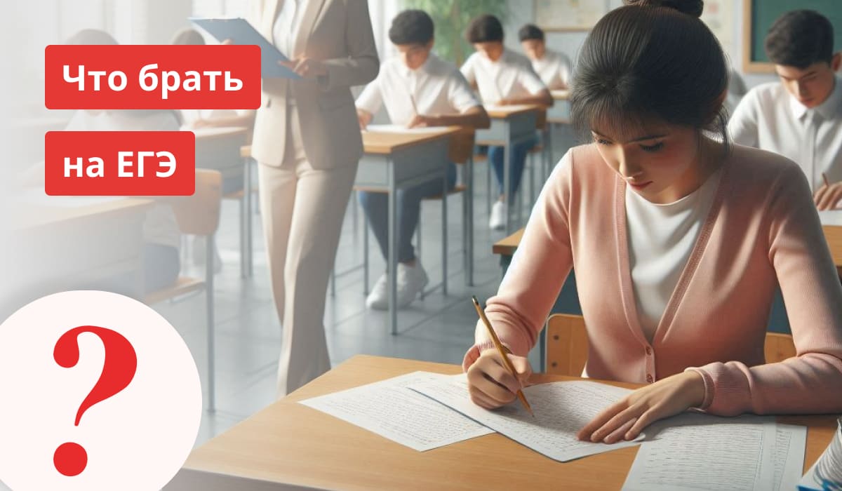 Выпускница заполняет бланк ЕГЭ в аудитории, на фоне другие ученики и учитель, слева надпись «Что брать на ЕГЭ?» с большим вопросительным знаком