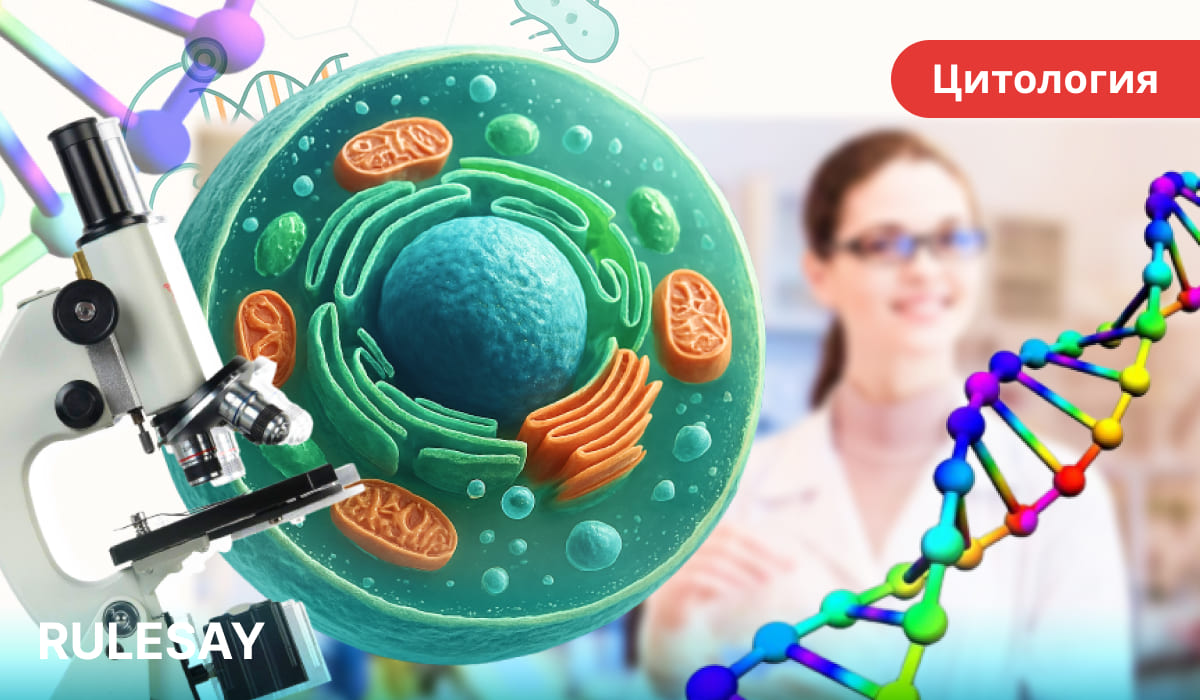 Изображение крупной клетки с органеллами, микроскоп, фрагмент ДНК и женщина-врач на фоне с размытым лицом. В верхнем правом углу надпись «Цитология».