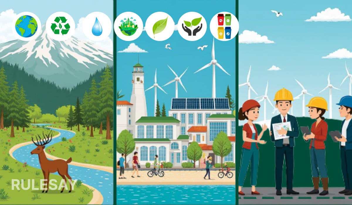 Иллюстрация устойчивого развития: слева дикая природа с горной рекой и оленем, в центре экологичный город с ветряками и солнечными панелями, справа команда инженеров на фоне ветрогенераторов.