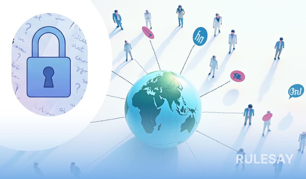 Иллюстрация языкового барьера в интернете: вокруг глобуса стоят люди, связанные линиями, а слева изображён значок замка, символизирующий ограниченный доступ из‑за языков.