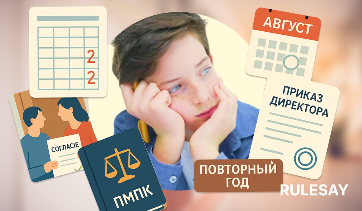 Ребенок с закрытым лицом на фоне иллюстраций о повторном годе обучения: календарь, август, согласие родителей, ПМПК, приказ директора, подпись "повторный год"