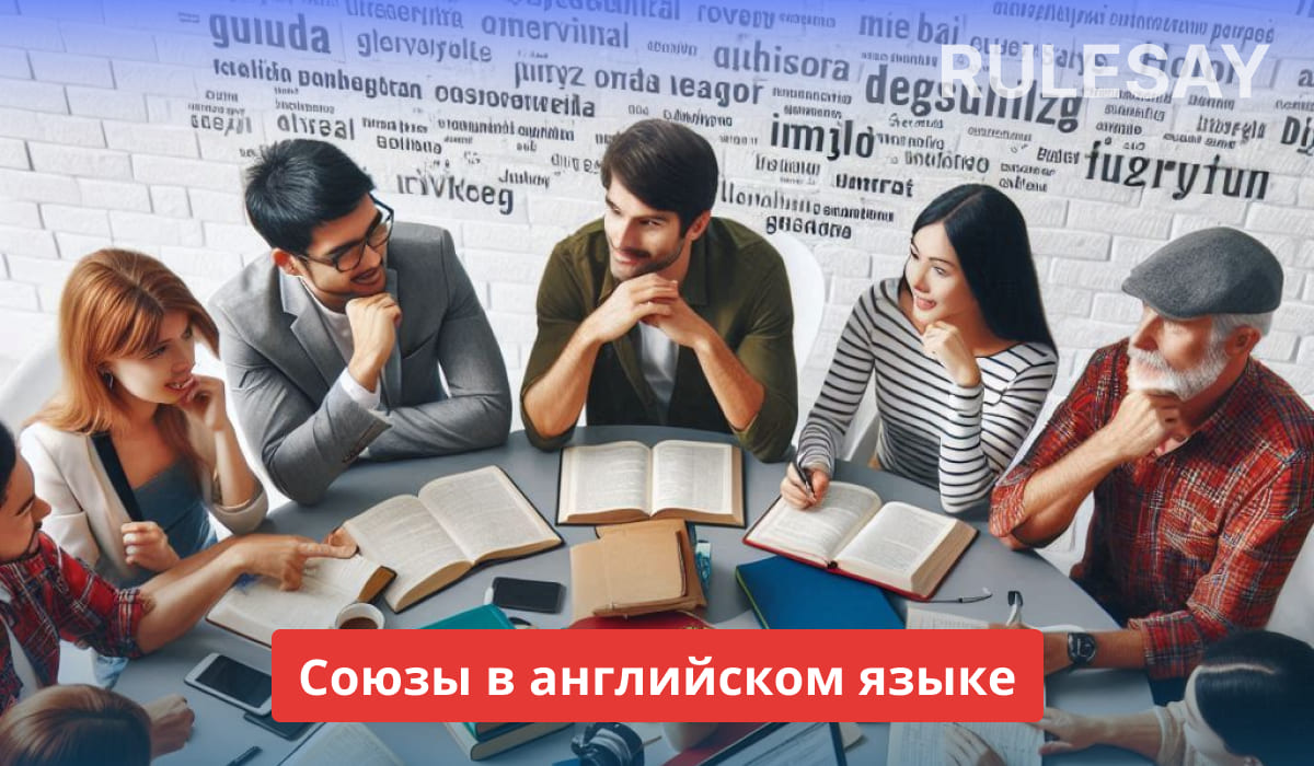 Группа из шести человек сидит за круглым столом, у каждого из них открытая книга, перед белой кирпичной стеной с различными словами