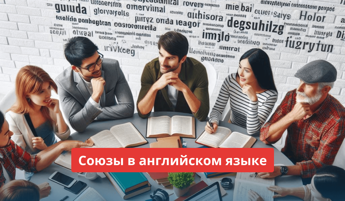 Группа из шести человек сидит за круглым столом, у каждого из них открытая книга, перед белой кирпичной стеной с различными словами