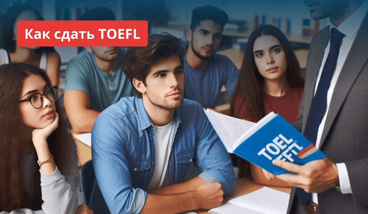 Студенты внимательно слушают презентацию о TOEFL, а преподаватель держит в руках книгу TOEFL.