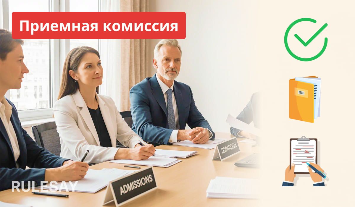 Приемная комиссия за столом на собеседовании, перед ними документы абитуриентов