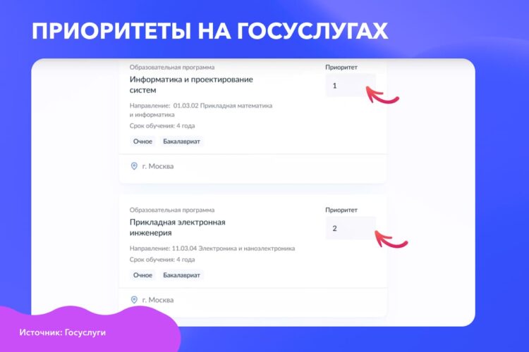 Страница сайта Госуслуг, где можно изменить приоритет при поступлении.