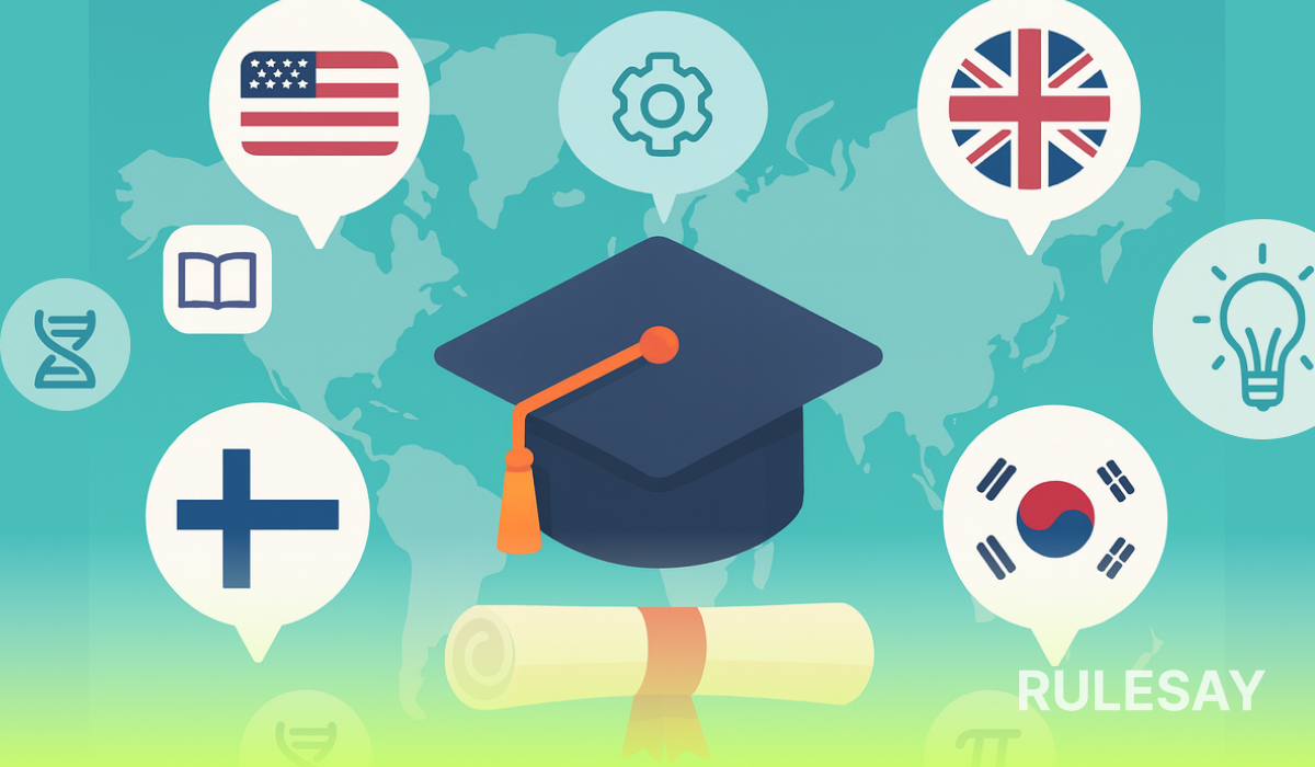 Иллюстрация об образовании за рубежом: выпускная шапочка и диплом на фоне карты мира с иконками флагов стран и учебных дисциплин.