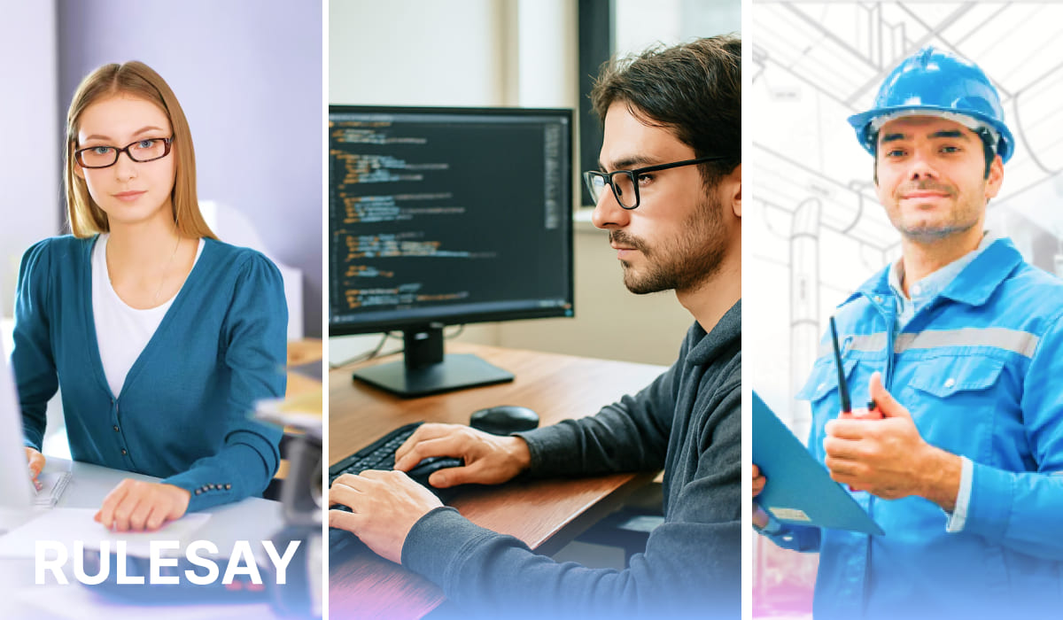 Команда специалистов: офисный сотрудник, программист за компьютером и инженер в каске, совместно работающие над техническим проектом.