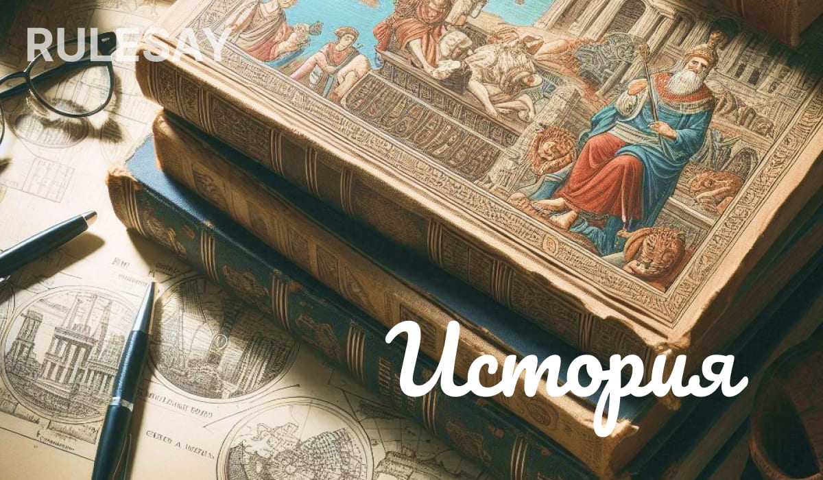 Стопка богато украшенных старинных книг с историческими иллюстрациями, на которых изображены архитектурные эскизы с курсивной надписью "История"