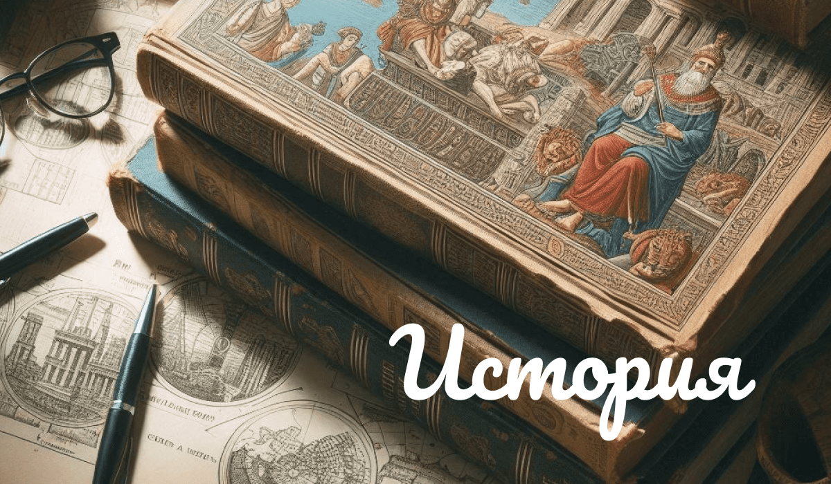 Стопка богато украшенных старинных книг с историческими иллюстрациями, на которых изображены архитектурные эскизы с курсивной надписью "История"