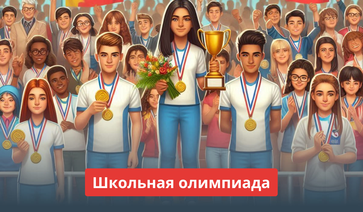 Группа молодых людей празднует успехи в школьной олимпиаде с медалями, кубком и цветами.