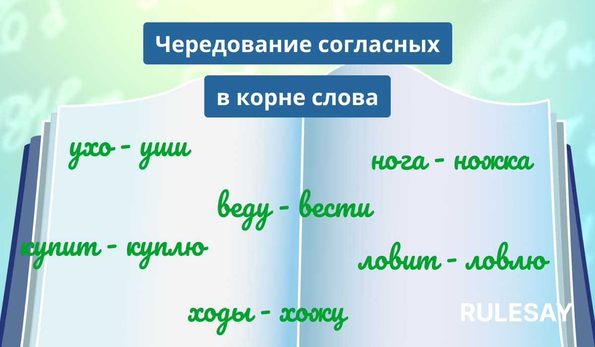 Открытая книга с парами русских слов, в которых чередуются гласные в корне слов