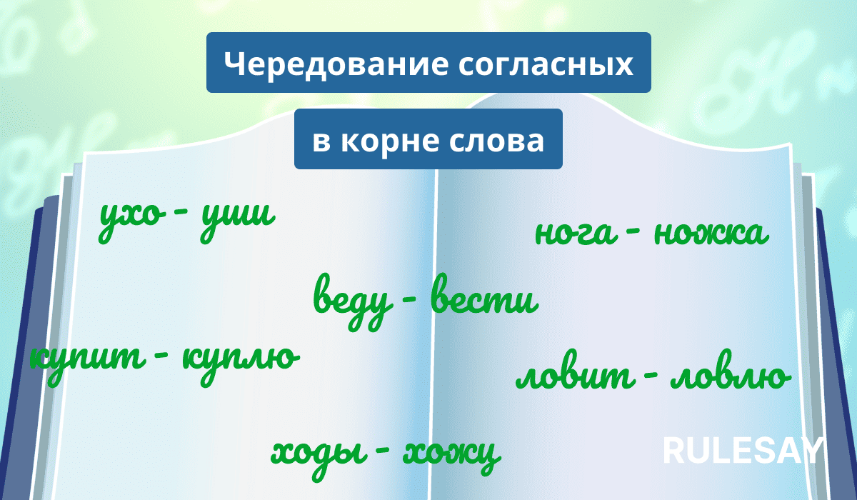 Открытая книга с парами русских слов, в которых чередуются гласные в корне слов