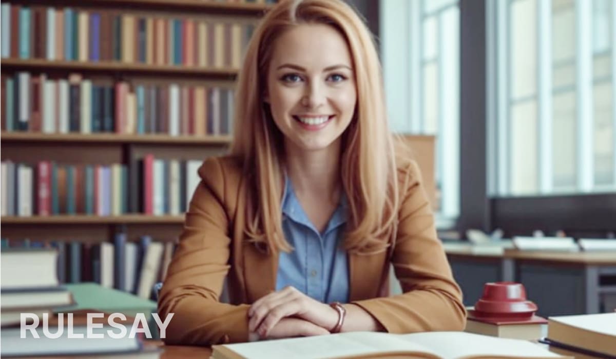 Женщина улыбается за столом в библиотеке на фоне книжных полок.