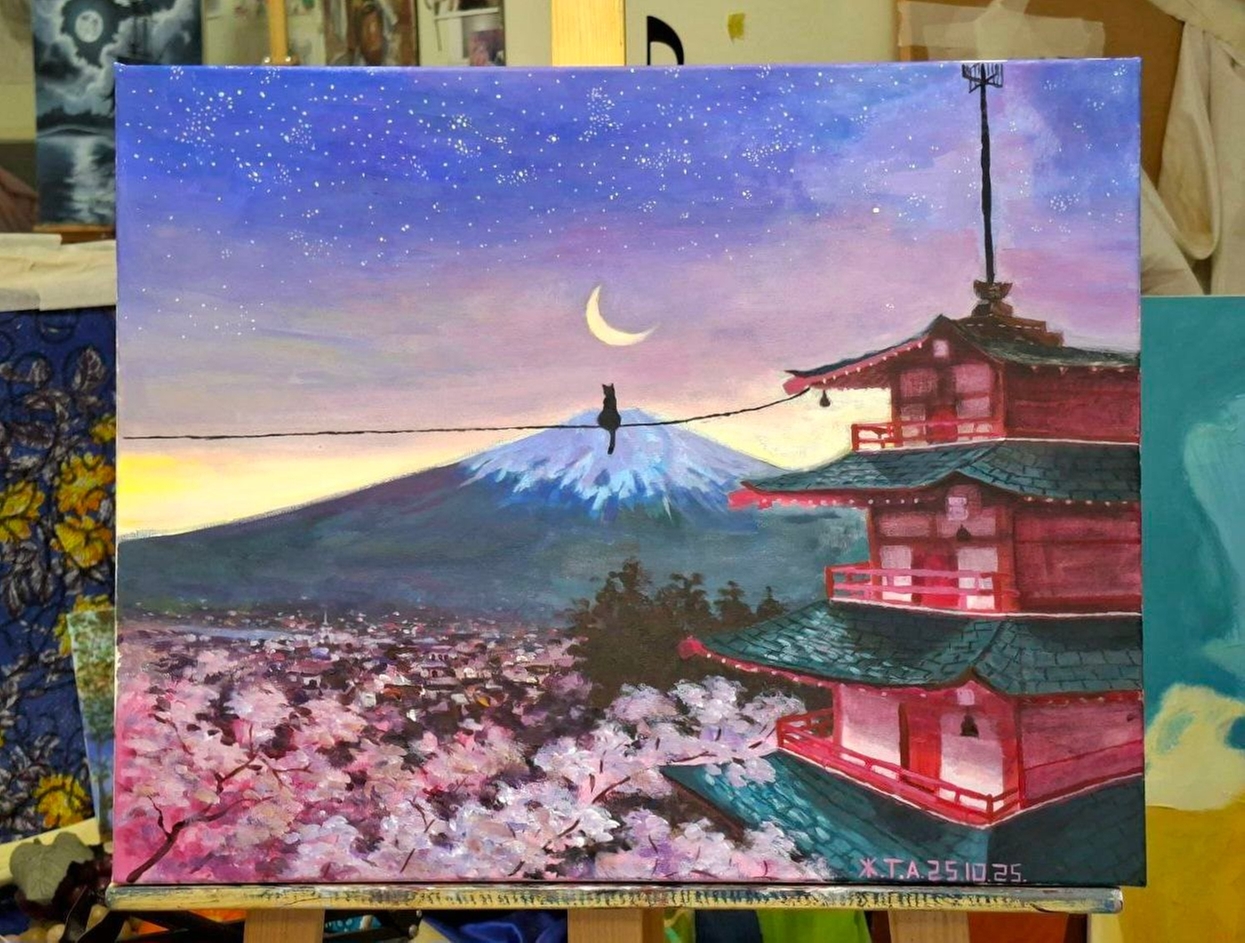 Лиричный пейзаж, вдохновлённый японской эстетикой, изображает ночную Фудзийму.
Техника: акрил, сочетание мягких переходов и чётких контуров.