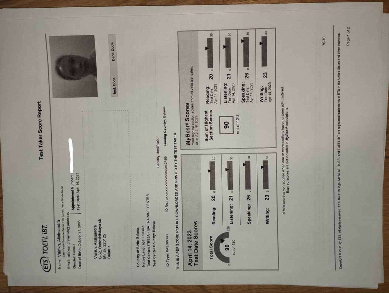 Результат языкового экзамена TOEFL. Сдан в 2023 году.