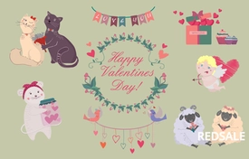 Разработка векторных иконок-наклеек "День св. Валентина"