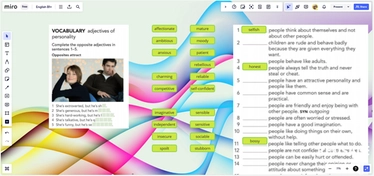 Пример обычного урока по английскому языку на доске Miro. Для итальянского языка будет примерно то же самое.
Практически все задания интерактивные, Вы сами будете перемещать слова к определениям, как в данном случае, и выполнять остальные задания.